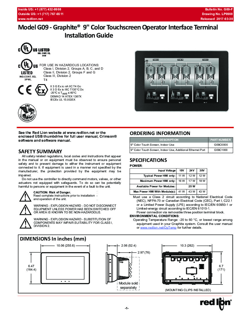 First Page Image of G09C1000 Installation Guide Red Lion Graphite HMI.pdf